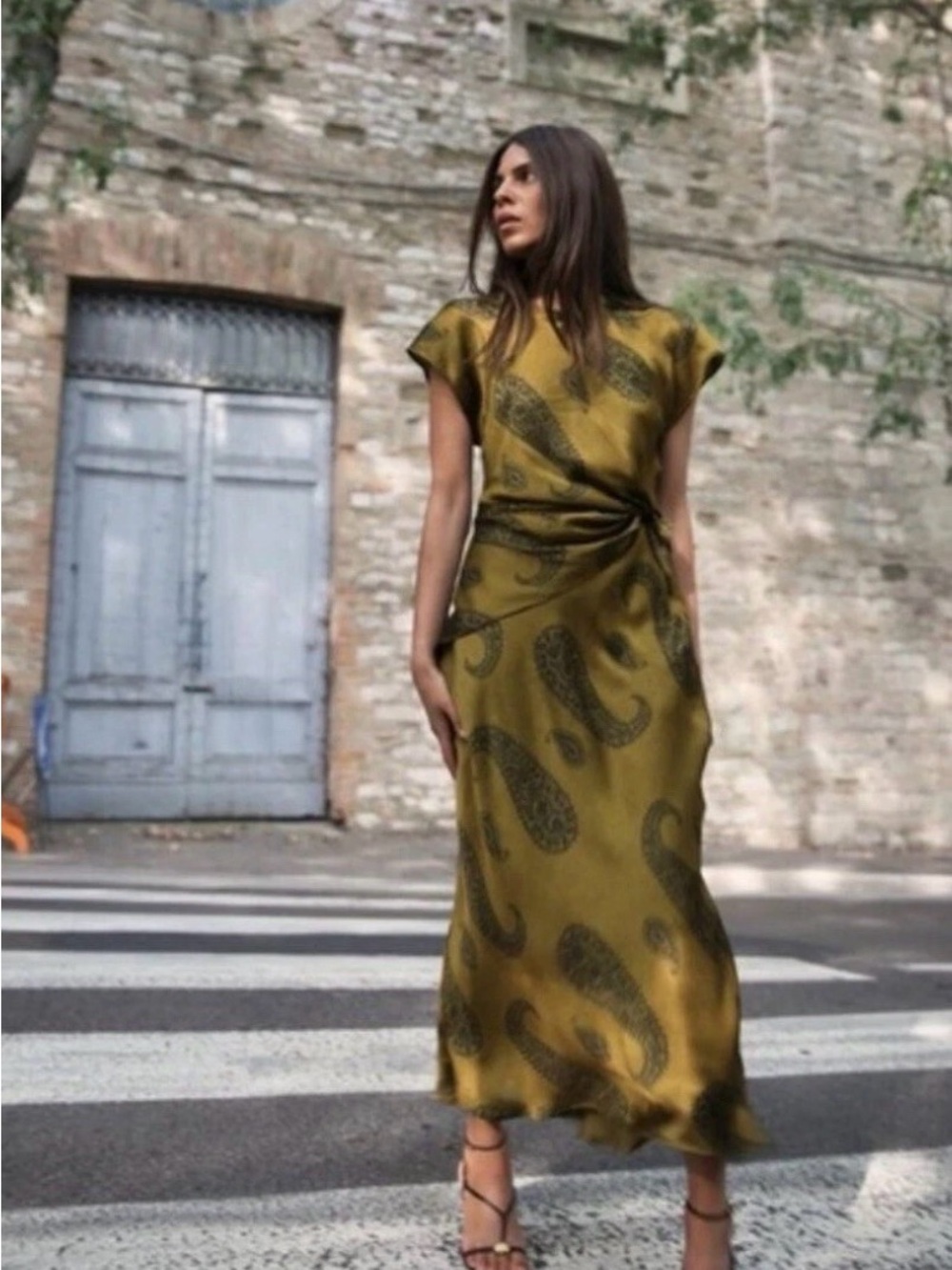 Zara Satin Effect Olive Paisley Twist-Waist Midi Dress